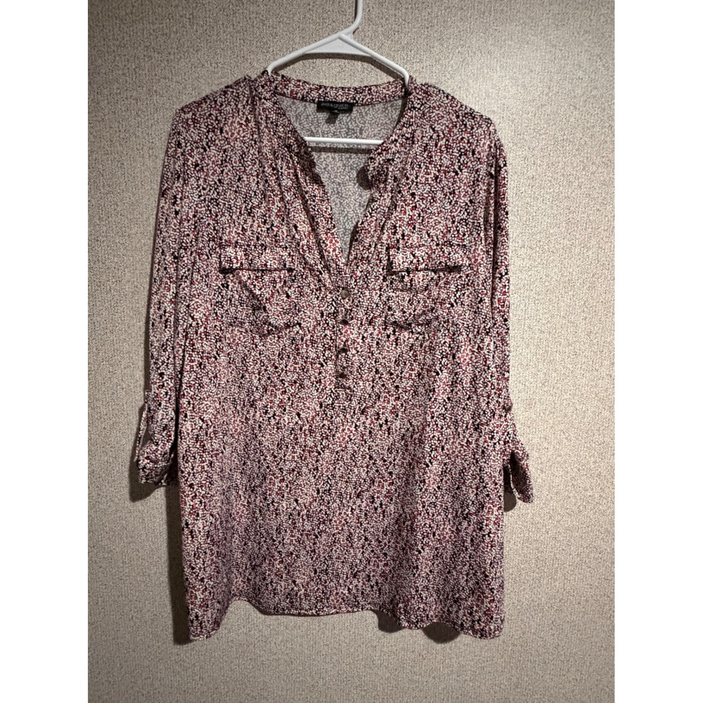 Ava & Grace Woman 1X‎ Red Abstract Pebble Print Roll Tab Sleeve Henley Tunic Top